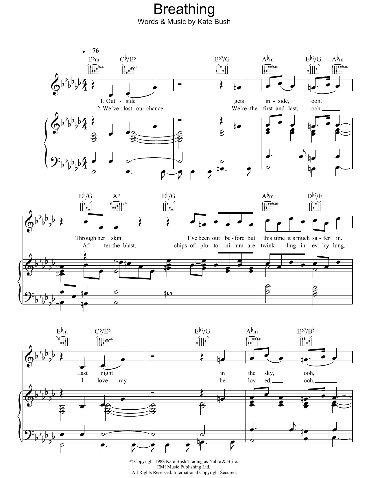Kate Bush Breathing sheet music notes and chords arranged for Piano, Vocal & Guitar Chords