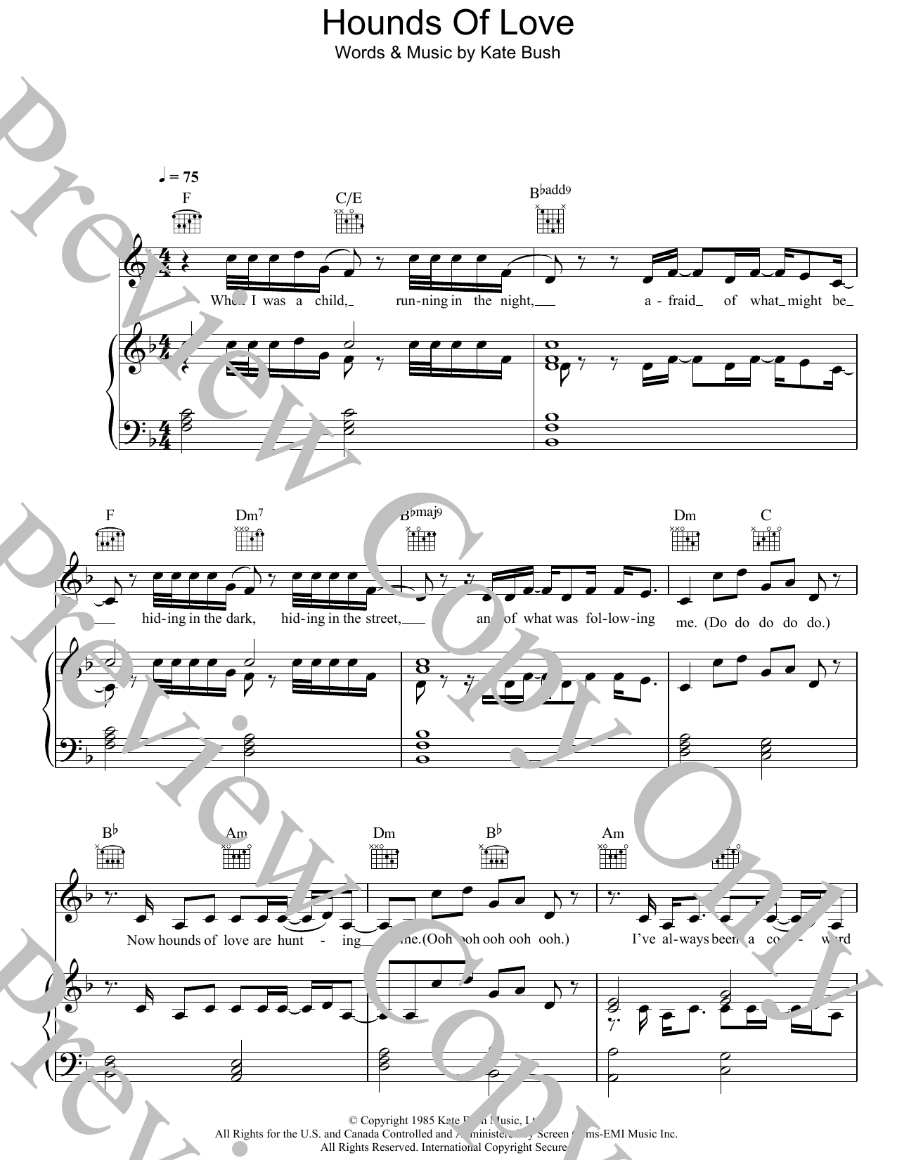 Kate Bush Hounds Of Love sheet music notes and chords arranged for Guitar Chords/Lyrics