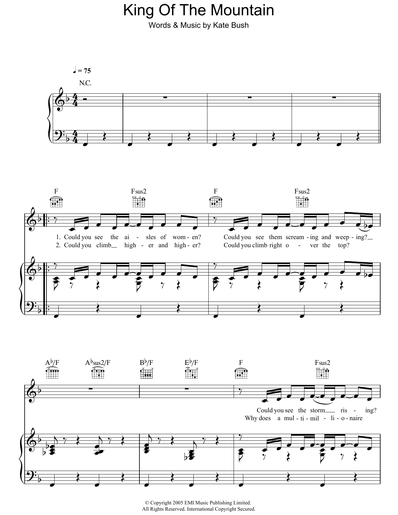 Kate Bush King Of The Mountain sheet music notes and chords arranged for Piano, Vocal & Guitar Chords