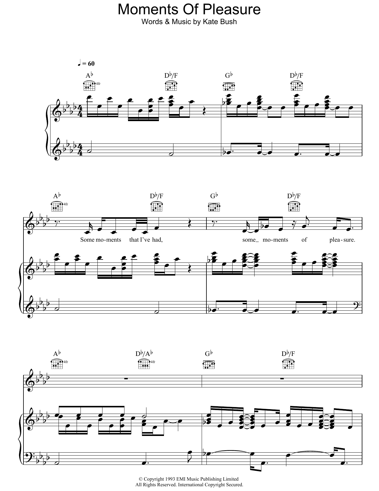 Kate Bush Moments Of Pleasure sheet music notes and chords arranged for Piano, Vocal & Guitar Chords