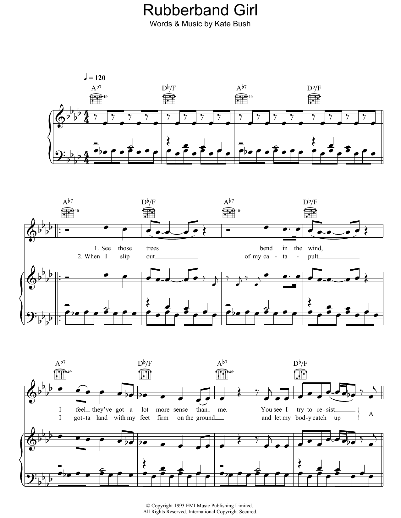 Kate Bush Rubberband Girl sheet music notes and chords arranged for Piano, Vocal & Guitar Chords