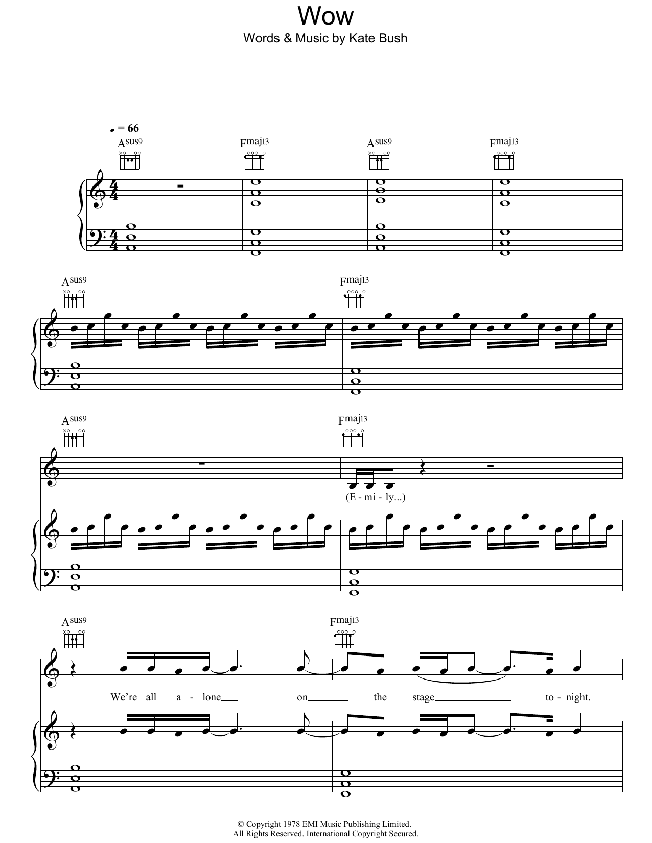 Kate Bush Wow sheet music notes and chords arranged for Piano, Vocal & Guitar Chords
