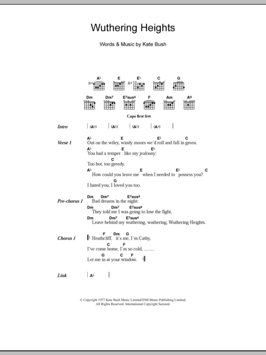 Kate Bush Wuthering Heights sheet music notes and chords arranged for Guitar Chords/Lyrics