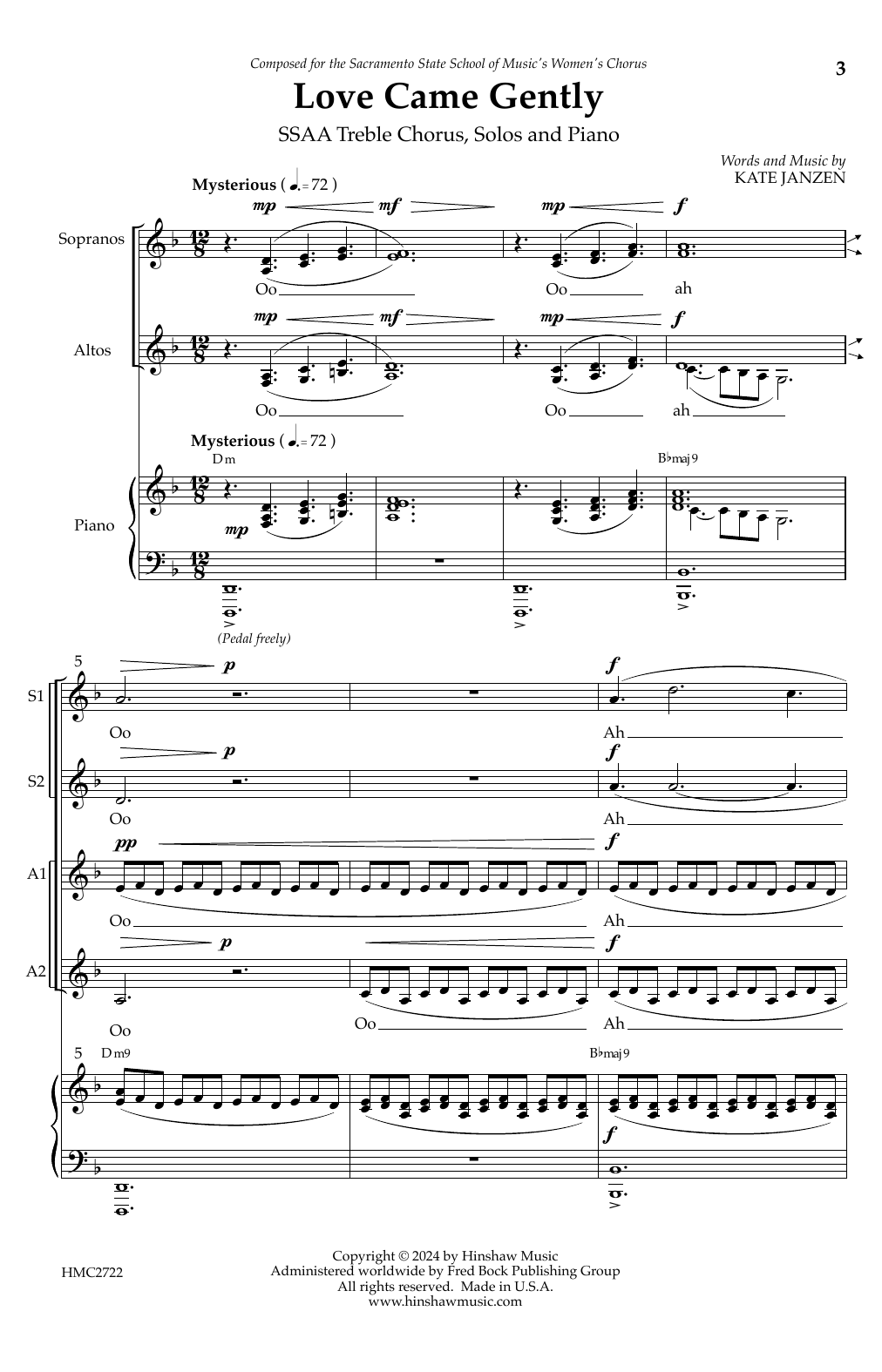 Kate Janzen Love Came Gently sheet music notes and chords arranged for SSAA Choir