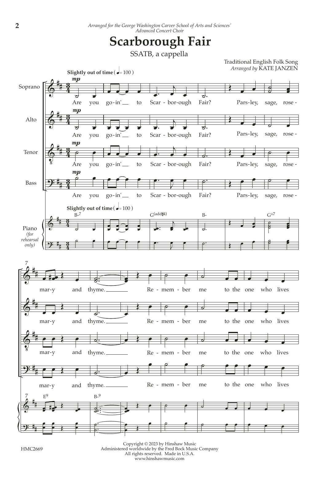 Kate Janzen Scarborough Fair sheet music notes and chords arranged for SSATB Choir