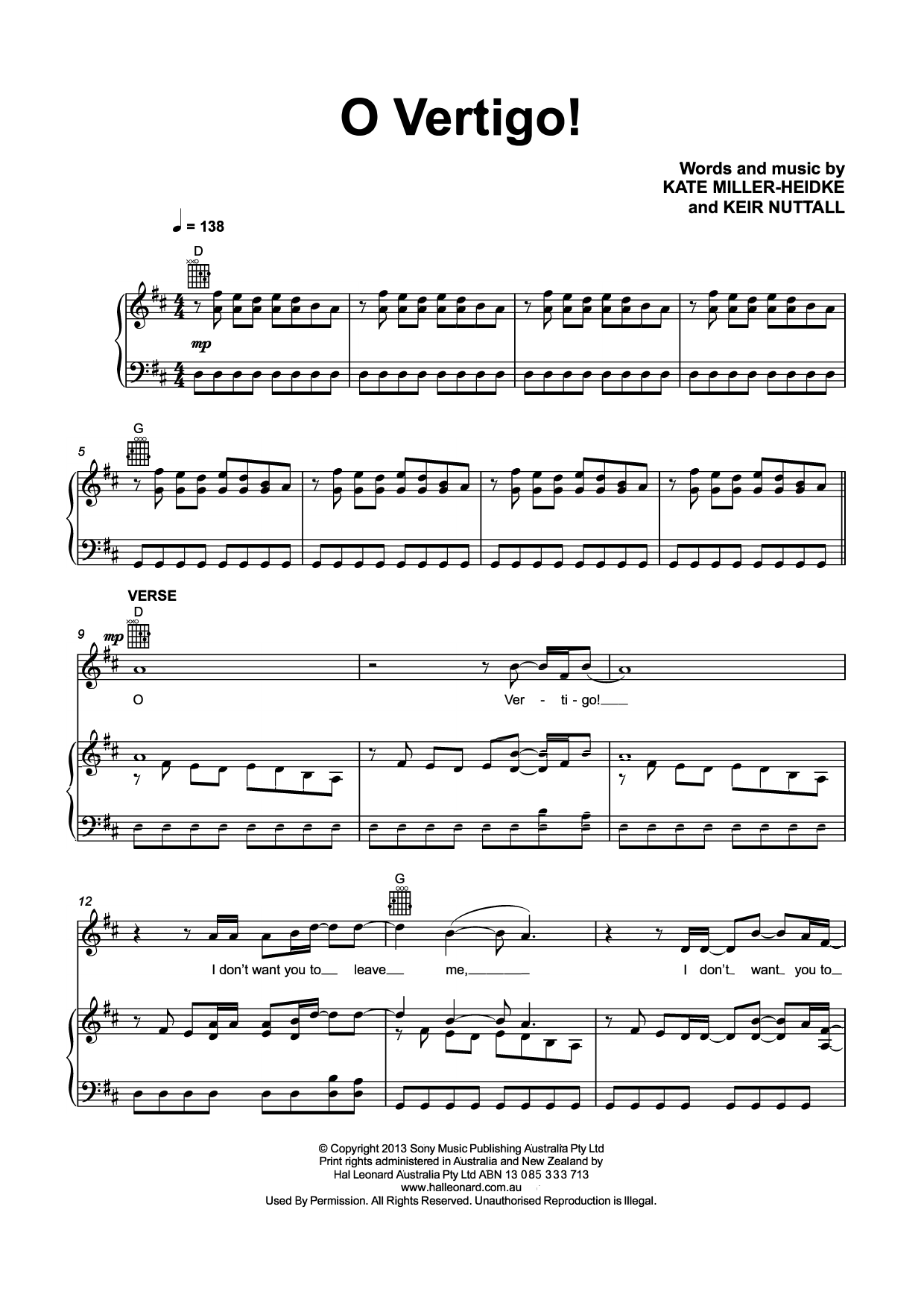 Kate Miller-Heidke O Vertigo! sheet music notes and chords arranged for Piano, Vocal & Guitar Chords (Right-Hand Melody)