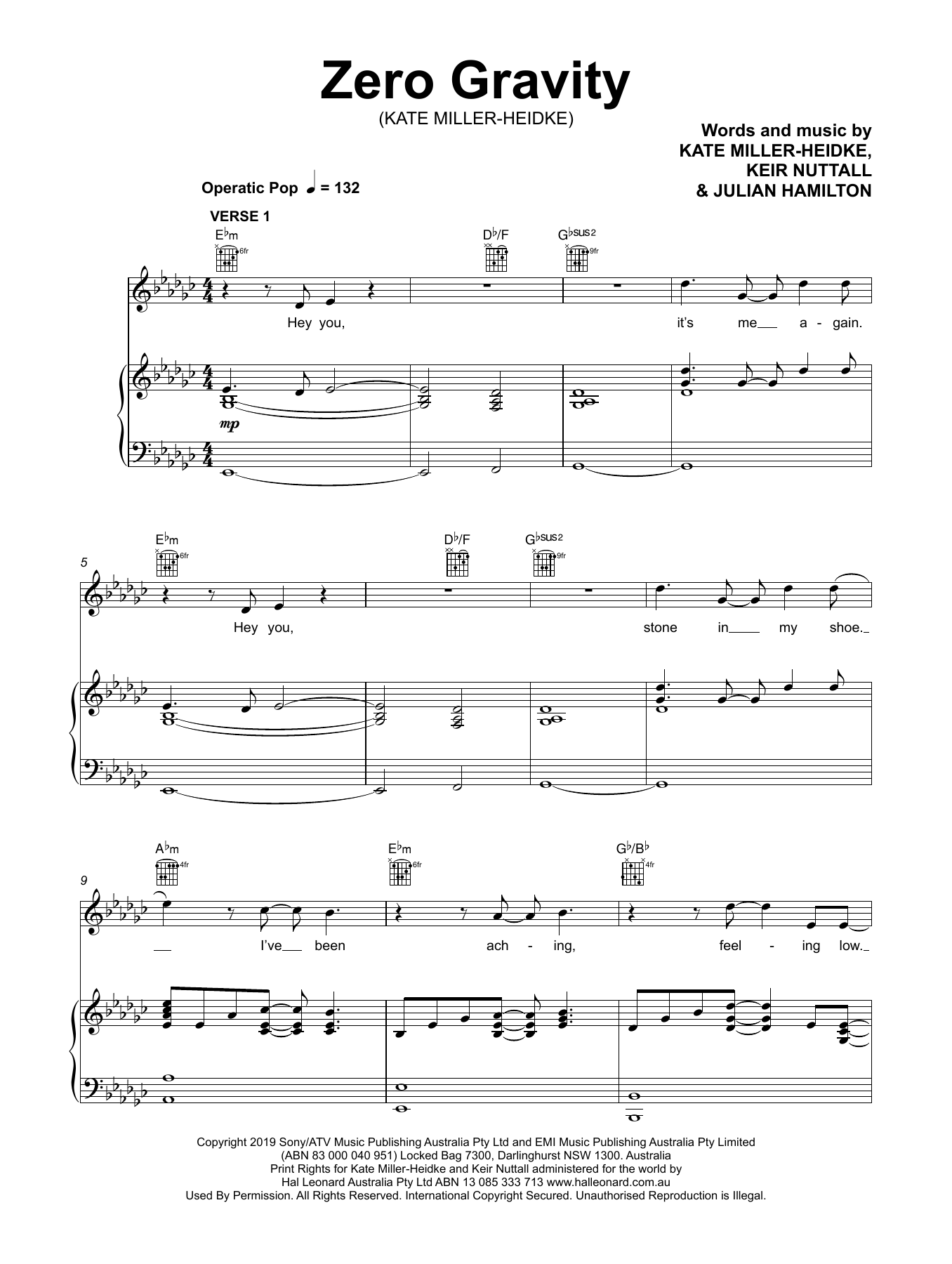 Kate Miller-Heidke Zero Gravity sheet music notes and chords arranged for Piano, Vocal & Guitar Chords (Right-Hand Melody)