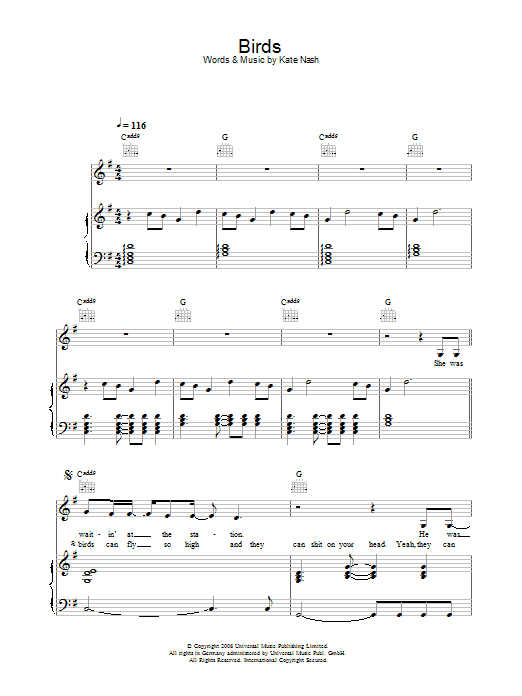 Kate Nash Birds sheet music notes and chords arranged for Piano, Vocal & Guitar Chords