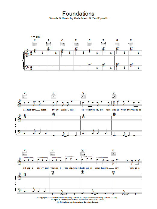 Kate Nash Foundations sheet music notes and chords arranged for Keyboard (Abridged)