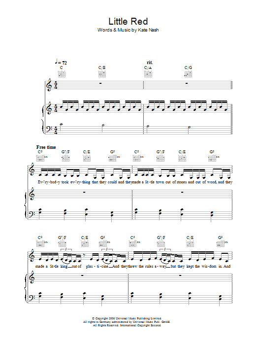 Kate Nash Little Red sheet music notes and chords arranged for Piano, Vocal & Guitar Chords