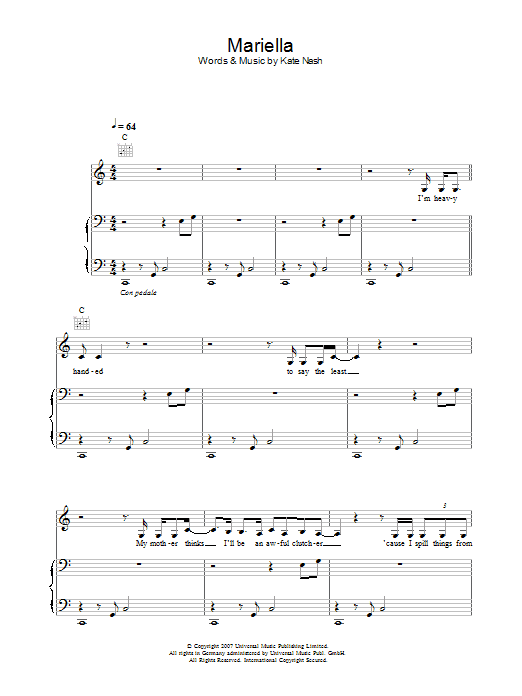 Kate Nash Mariella sheet music notes and chords arranged for Piano, Vocal & Guitar Chords