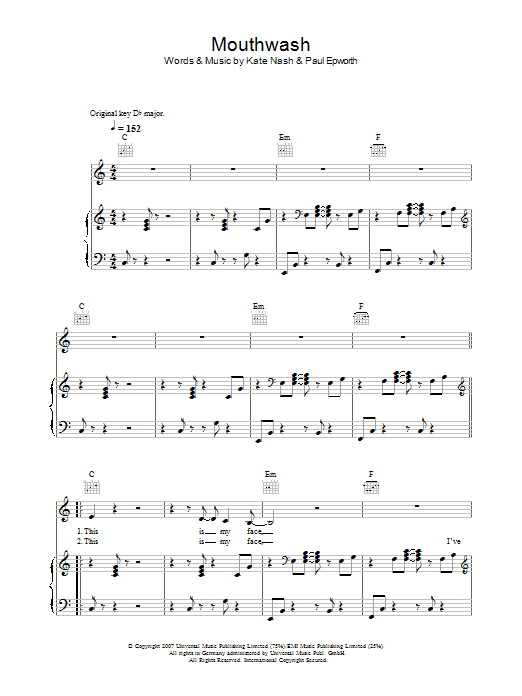 Kate Nash Mouthwash sheet music notes and chords arranged for Piano, Vocal & Guitar Chords