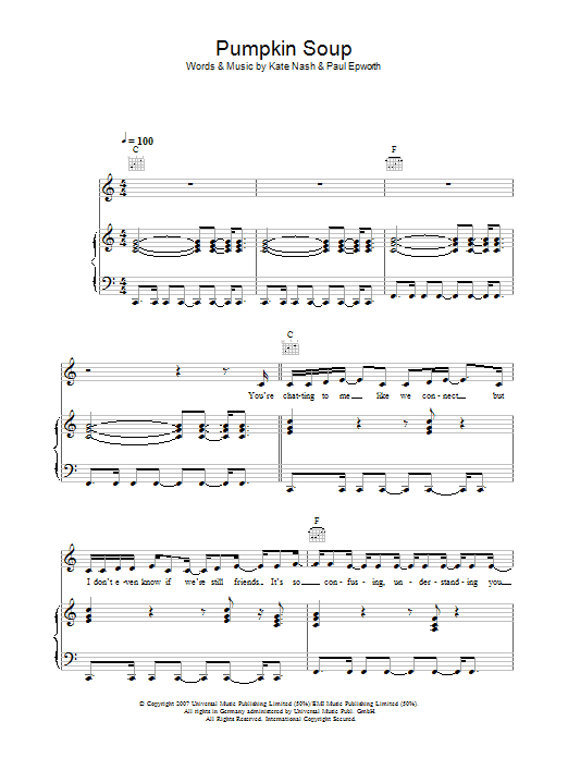 Kate Nash Pumpkin Soup sheet music notes and chords arranged for Piano, Vocal & Guitar Chords
