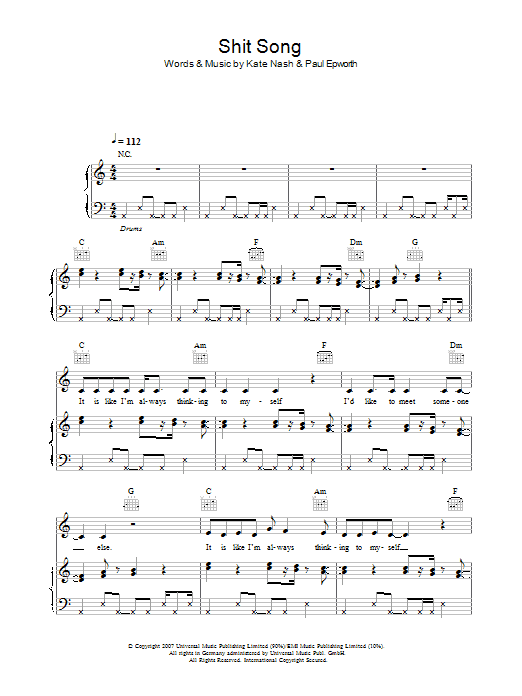 Kate Nash Shit Song sheet music notes and chords arranged for Piano, Vocal & Guitar Chords