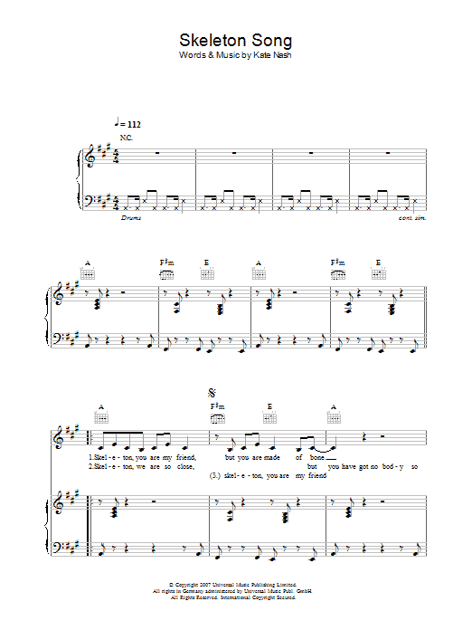 Kate Nash Skeleton Song sheet music notes and chords arranged for Piano, Vocal & Guitar Chords