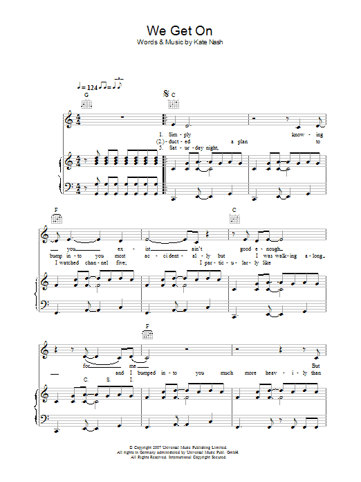 Kate Nash We Get On sheet music notes and chords arranged for Piano, Vocal & Guitar Chords