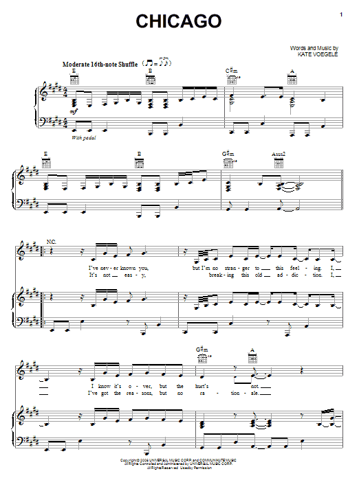 Kate Voegele Chicago sheet music notes and chords arranged for Piano, Vocal & Guitar Chords (Right-Hand Melody)