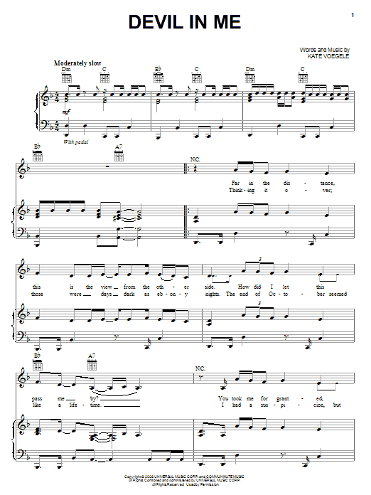 Kate Voegele Devil In Me sheet music notes and chords arranged for Piano, Vocal & Guitar Chords (Right-Hand Melody)