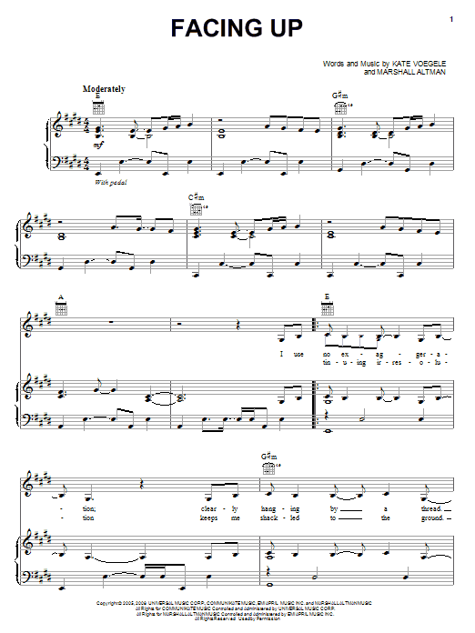 Kate Voegele Facing Up sheet music notes and chords arranged for Piano, Vocal & Guitar Chords (Right-Hand Melody)