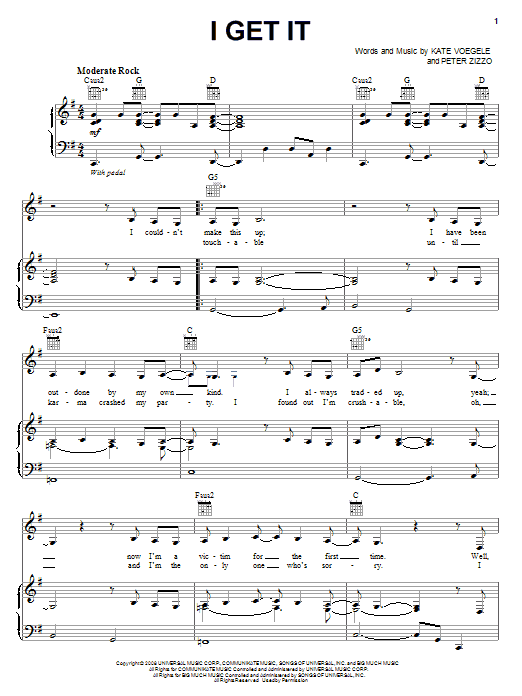 Kate Voegele I Get It sheet music notes and chords arranged for Piano, Vocal & Guitar Chords (Right-Hand Melody)