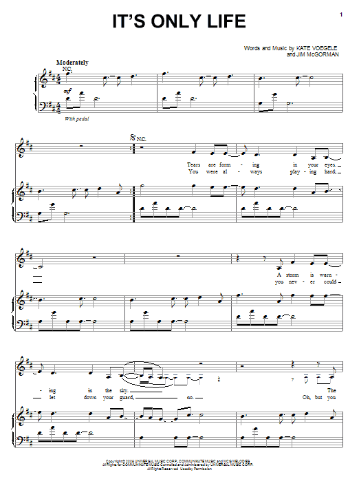 Kate Voegele It's Only Life sheet music notes and chords arranged for Piano, Vocal & Guitar Chords (Right-Hand Melody)