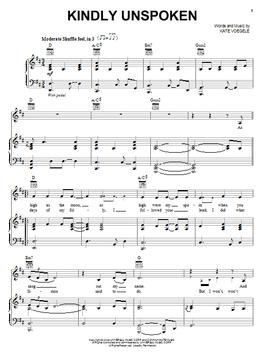 Kate Voegele Kindly Unspoken sheet music notes and chords arranged for Piano, Vocal & Guitar Chords (Right-Hand Melody)