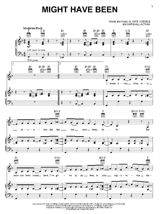 Kate Voegele Might Have Been sheet music notes and chords arranged for Piano, Vocal & Guitar Chords (Right-Hand Melody)
