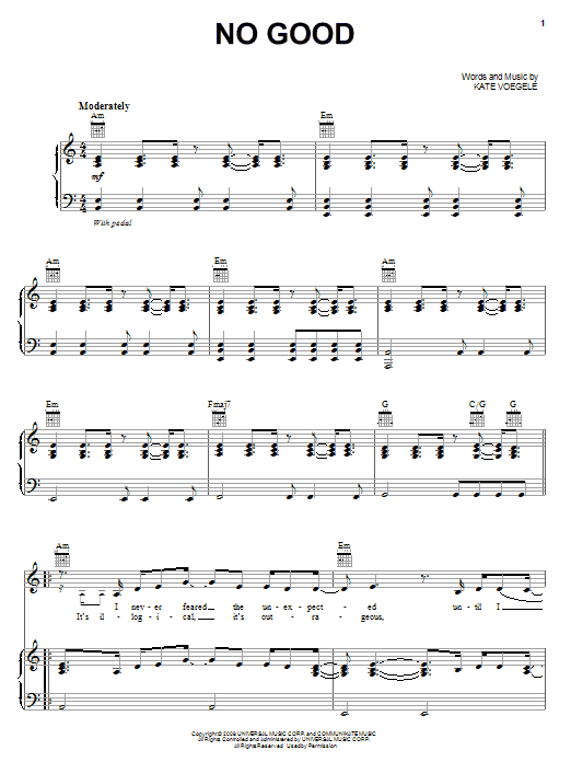 Kate Voegele No Good sheet music notes and chords arranged for Piano, Vocal & Guitar Chords (Right-Hand Melody)
