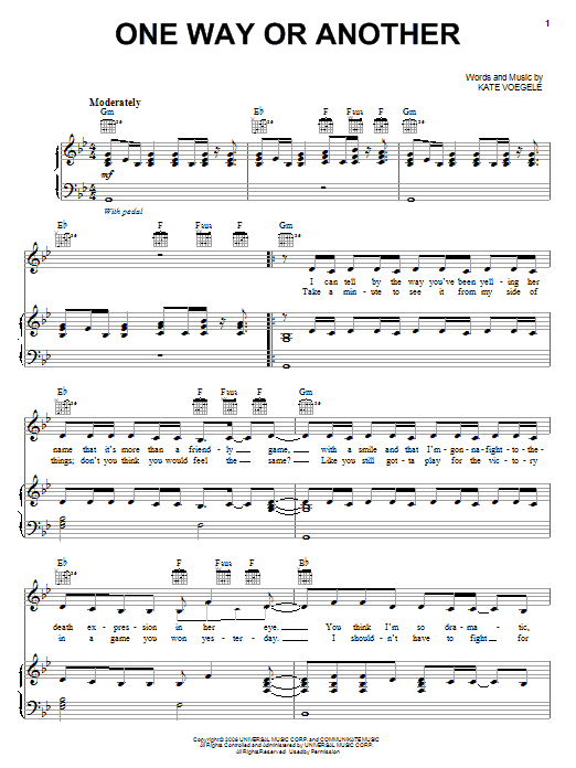 Kate Voegele One Way Or Another sheet music notes and chords arranged for Piano, Vocal & Guitar Chords (Right-Hand Melody)