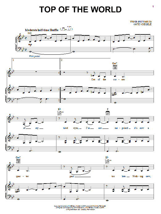 Kate Voegele Top Of The World sheet music notes and chords arranged for Piano, Vocal & Guitar Chords (Right-Hand Melody)