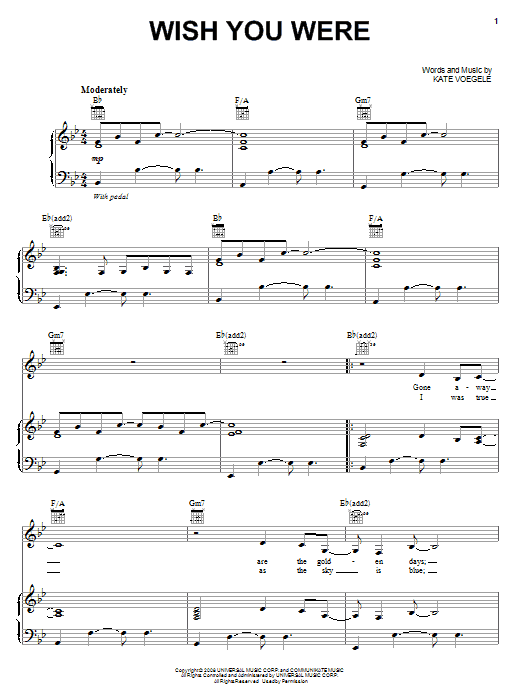 Kate Voegele Wish You Were sheet music notes and chords arranged for Piano, Vocal & Guitar Chords (Right-Hand Melody)