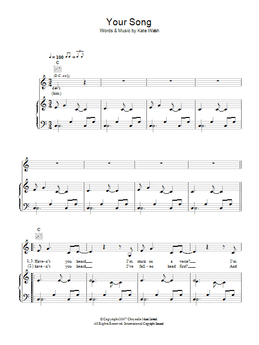 Kate Walsh Your Song sheet music notes and chords arranged for Piano, Vocal & Guitar Chords