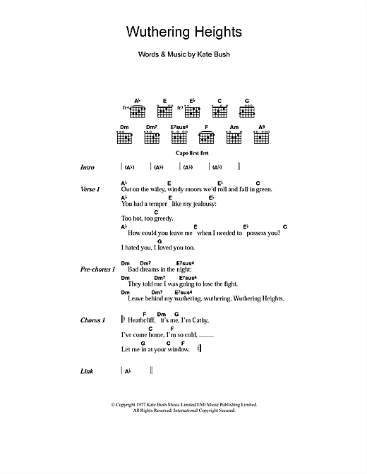 Kate Bush Wuthering Heights sheet music notes and chords arranged for Guitar Chords/Lyrics