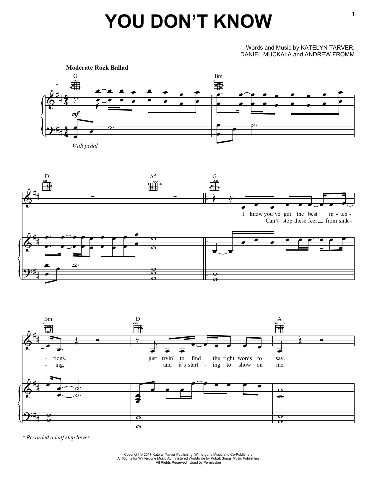 Katelyn Tarver You Don't Know sheet music notes and chords arranged for Piano, Vocal & Guitar Chords (Right-Hand Melody)