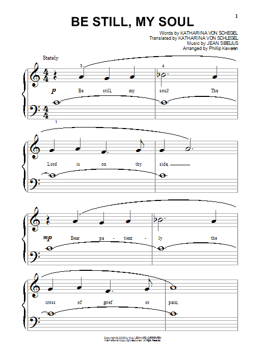 Katharina von Schegel Be Still My Soul (arr. Phillip Keveren) sheet music notes and chords arranged for Big Note Piano
