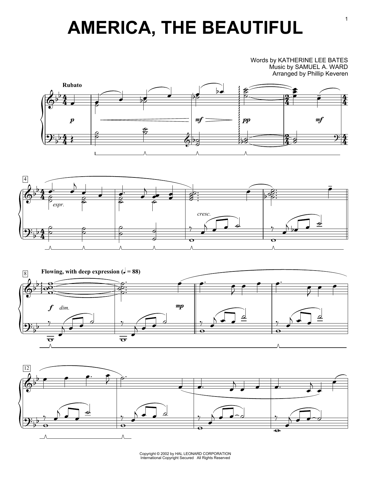 Katharine Lee Bates America, The Beautiful (arr. Phillip Keveren) sheet music notes and chords arranged for Educational Piano