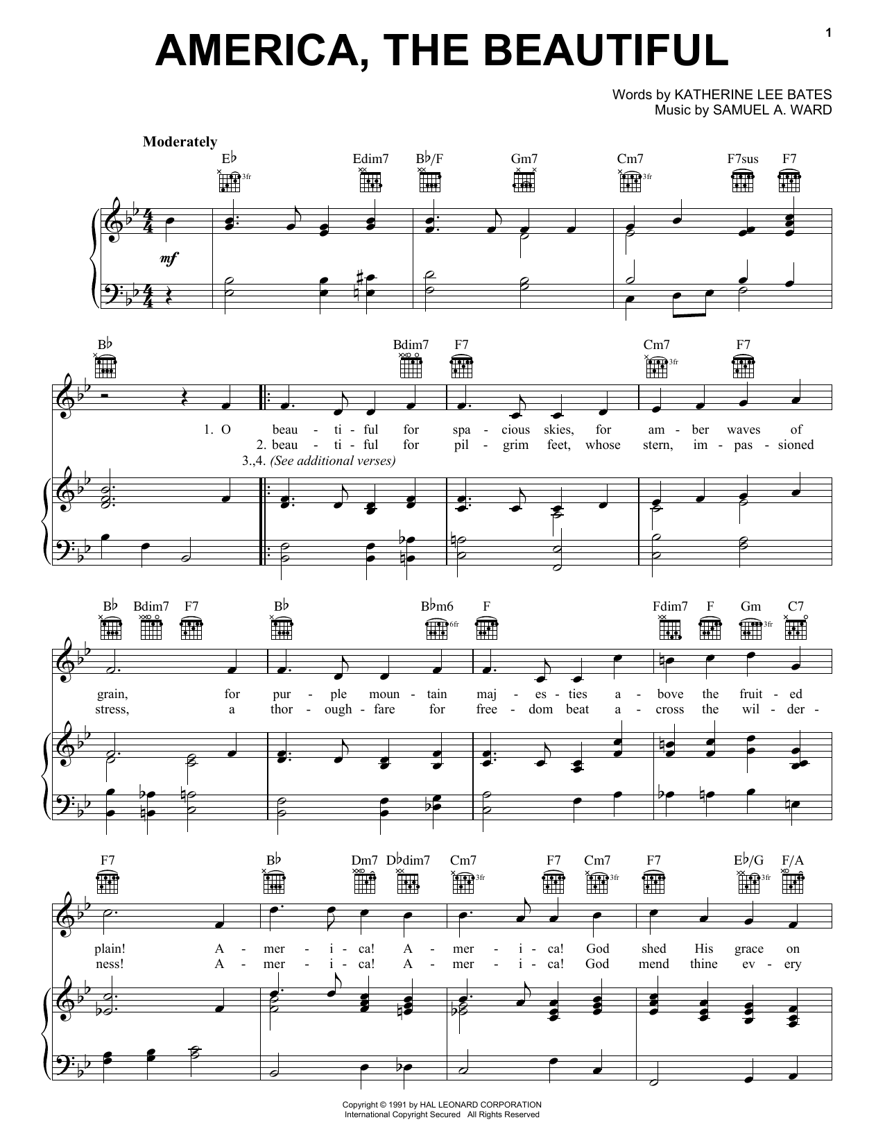 Katharine Lee Bates America, The Beautiful sheet music notes and chords arranged for Piano Solo