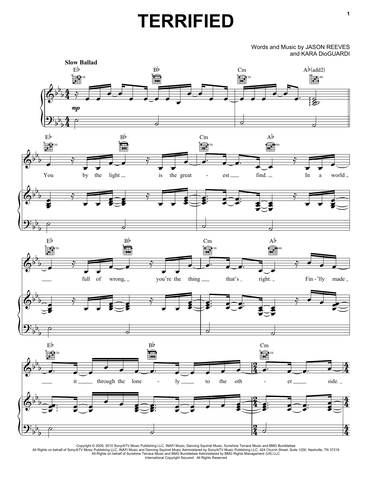 Katharine McPhee Terrified sheet music notes and chords arranged for Piano, Vocal & Guitar Chords (Right-Hand Melody)
