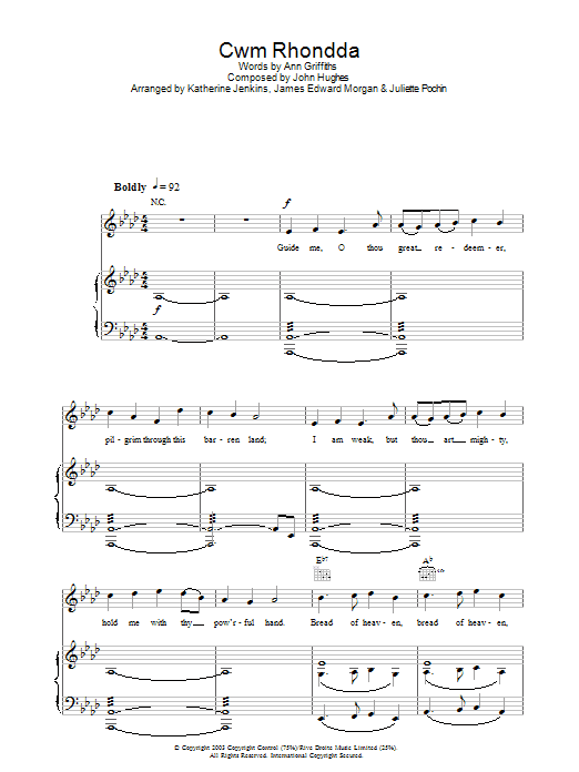 Katherine Jenkins Cwm Rhondda sheet music notes and chords arranged for Piano, Vocal & Guitar Chords