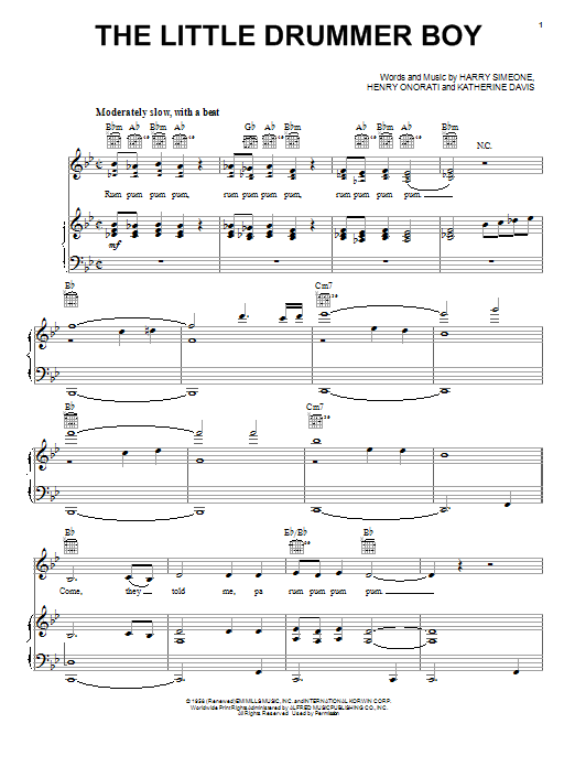 Katherine K. Davis The Little Drummer Boy sheet music notes and chords arranged for Piano, Vocal & Guitar Chords (Right-Hand Melody)