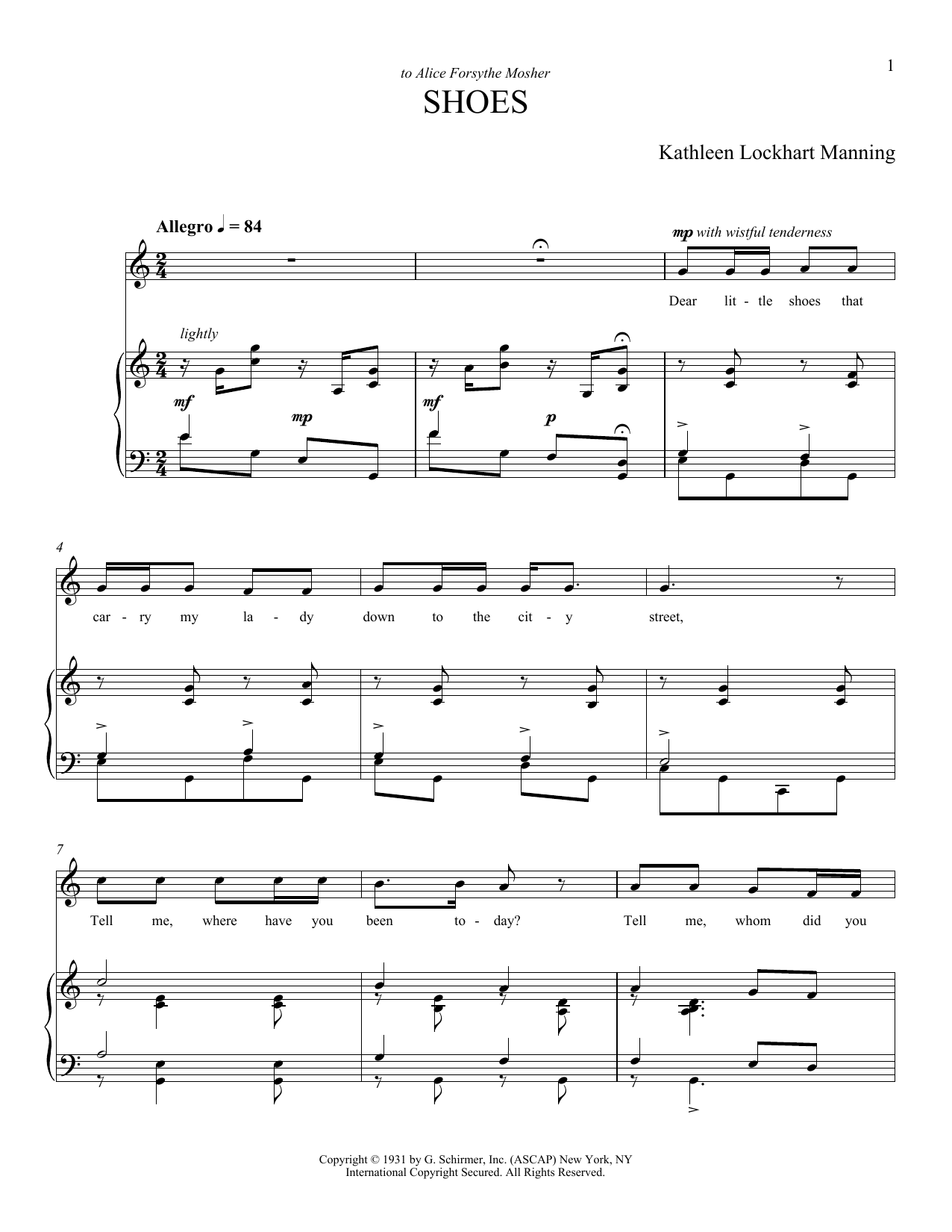 Kathleen Lockhart Manning Shoes sheet music notes and chords arranged for Piano & Vocal