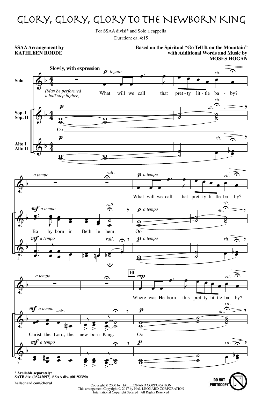 Kathleen Rodde Glory, Glory, Glory To The Newborn King sheet music notes and chords arranged for SSAA Choir