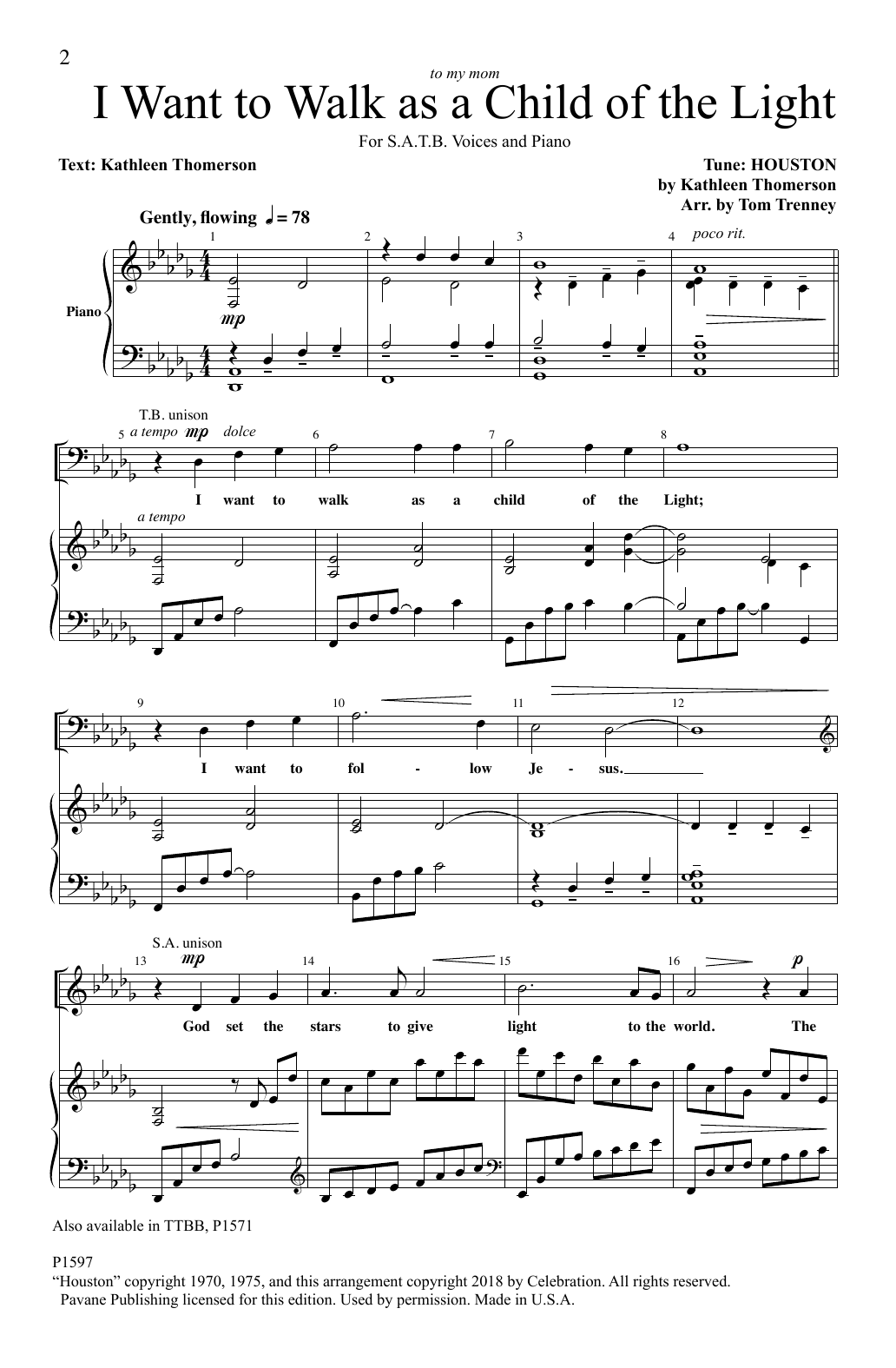 Kathleen Thomerson I Want to Walk as a Child of the Light (arr. Tom Trenney) sheet music notes and chords arranged for SSA Choir