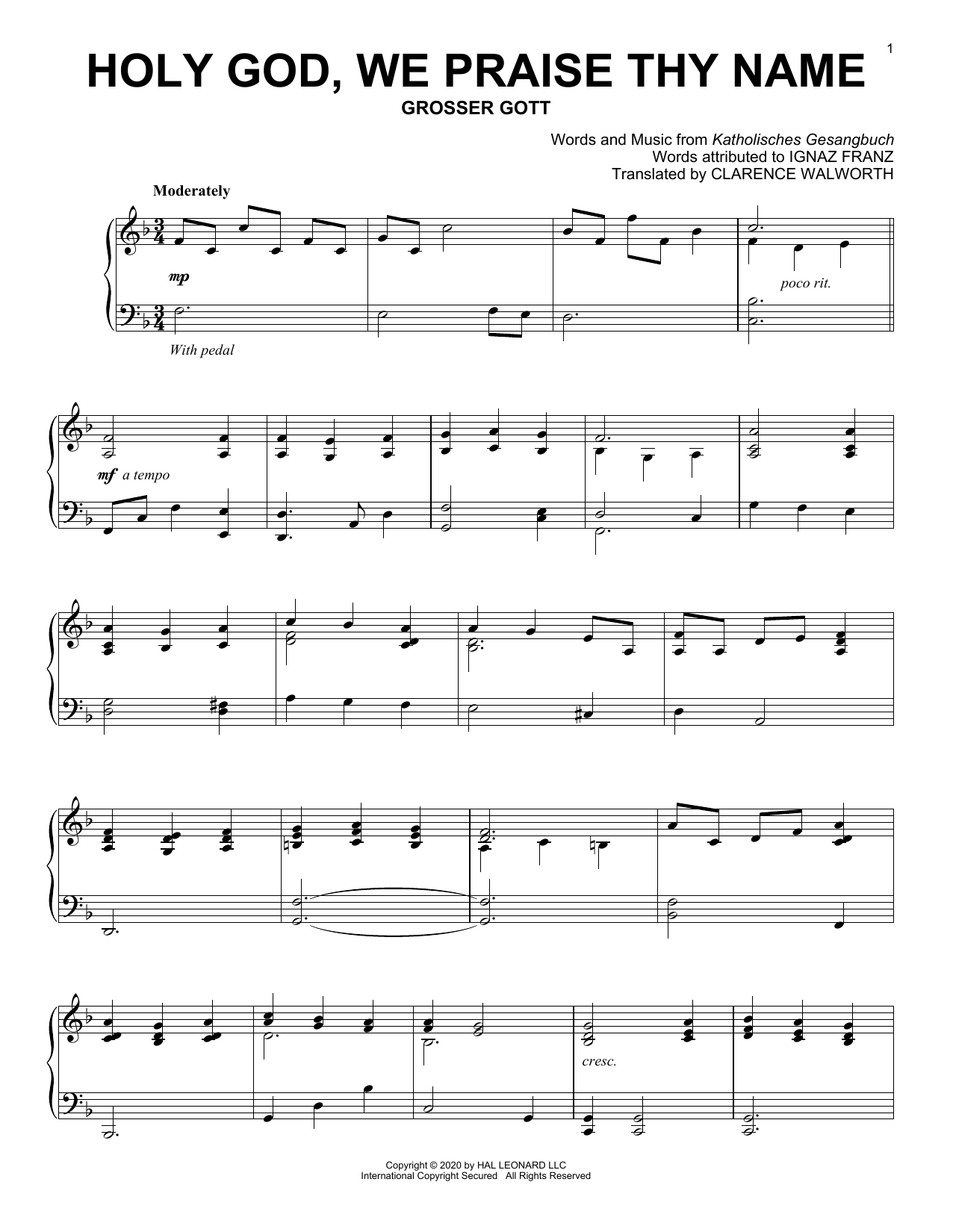 Katholisches Gesangbuch Holy God, We Praise Thy Name sheet music notes and chords arranged for Piano Solo