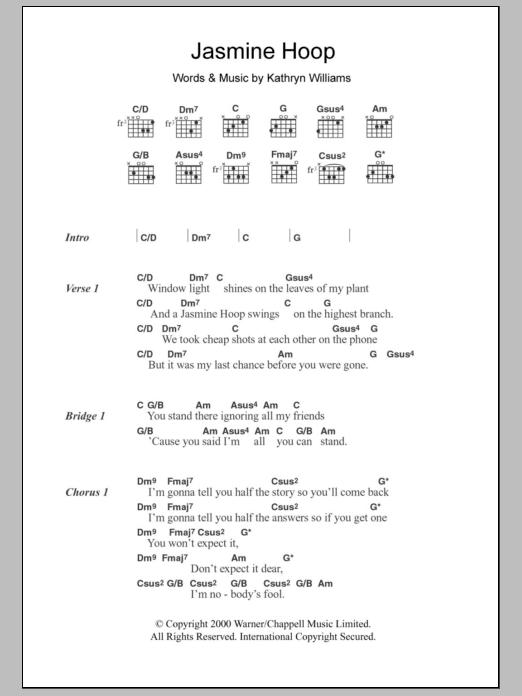 Kathryn Williams Jasmine Hoop sheet music notes and chords arranged for Guitar Chords/Lyrics