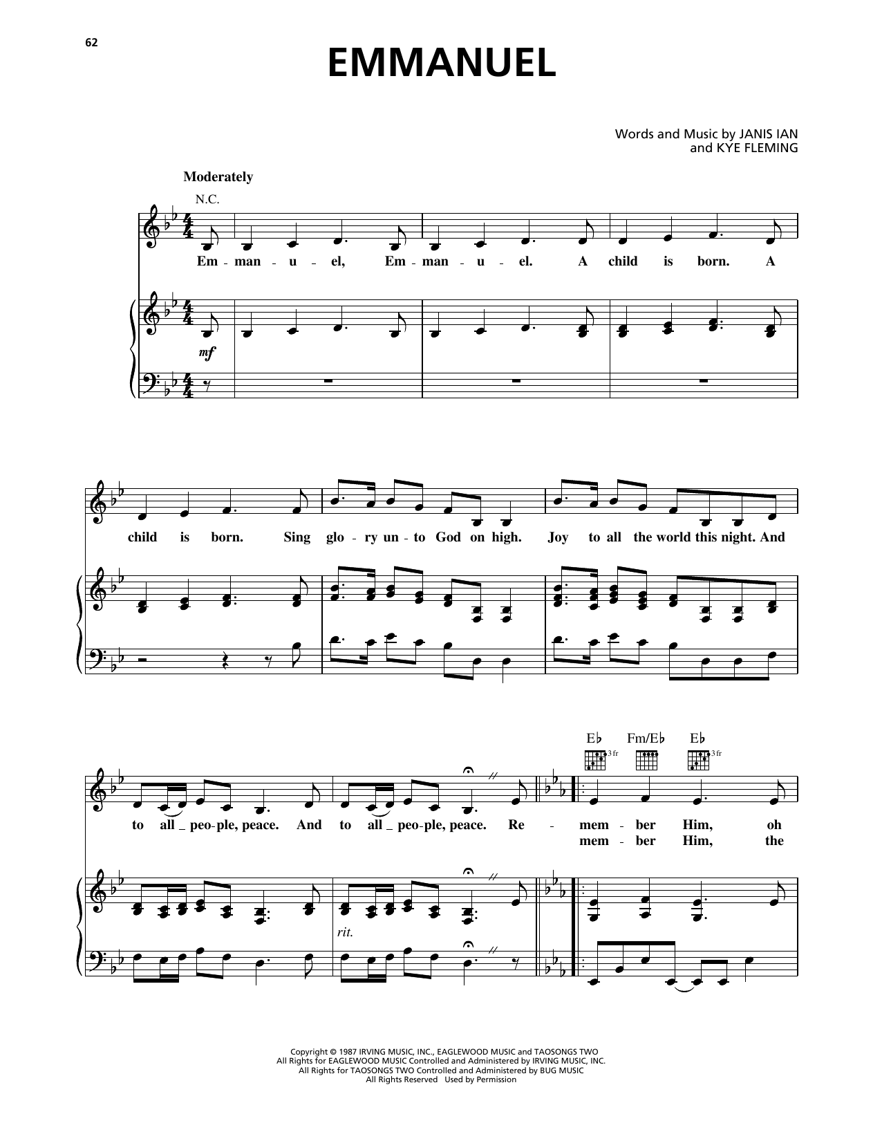 Kathy Mattea Emmanuel sheet music notes and chords arranged for Piano, Vocal & Guitar Chords (Right-Hand Melody)