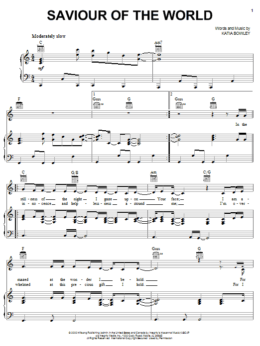 Katia Bowley Saviour Of The World sheet music notes and chords arranged for Piano, Vocal & Guitar Chords (Right-Hand Melody)