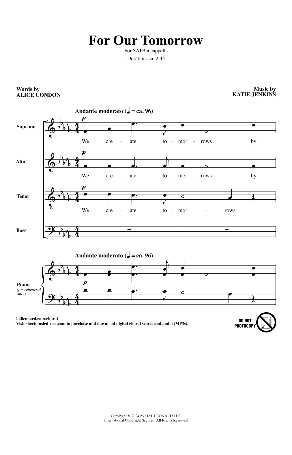 Katie Jenkins For Our Tomorrow sheet music notes and chords arranged for SATB Choir