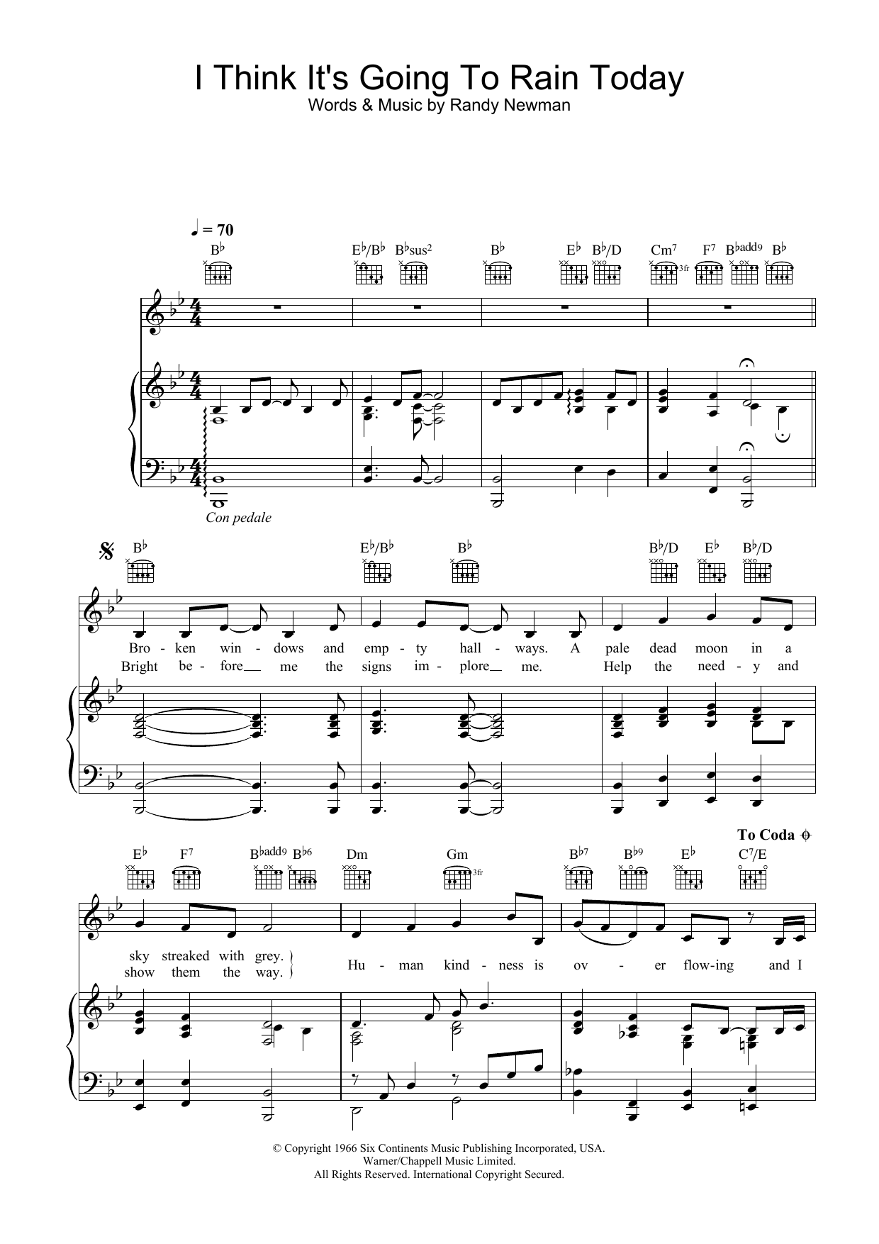 Katie Melua I Think It's Going To Rain Today sheet music notes and chords arranged for Piano Solo