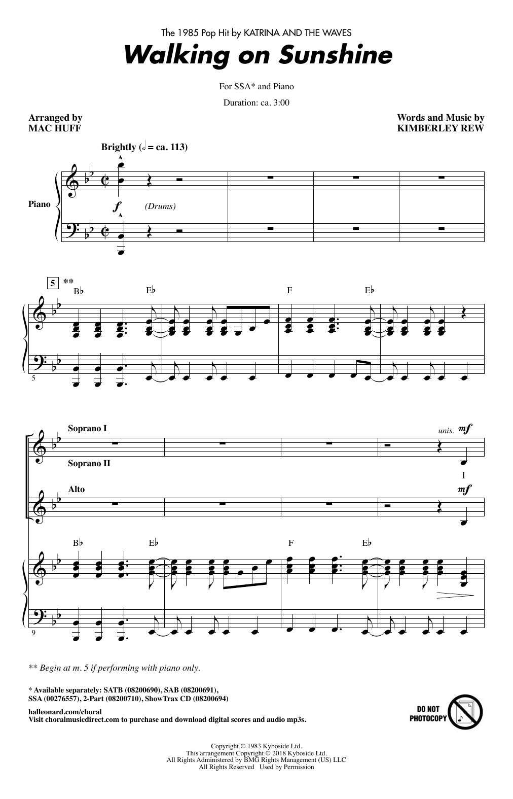Katrina And The Waves Walking On Sunshine (arr. Mac Huff) sheet music notes and chords arranged for SSA Choir
